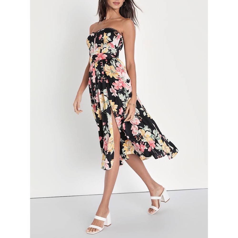 NWT Lulus Symphony Black Floral Satin Strapless Bustier Dress Pockets Medium